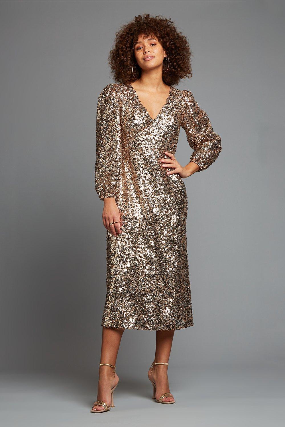 Gold Sequin Midi Dress | Dorothy Perkins UK